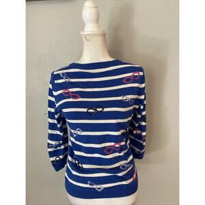 Talbots Sweater Womens XS Blue White Stripe Sequin Glasses 3/4
